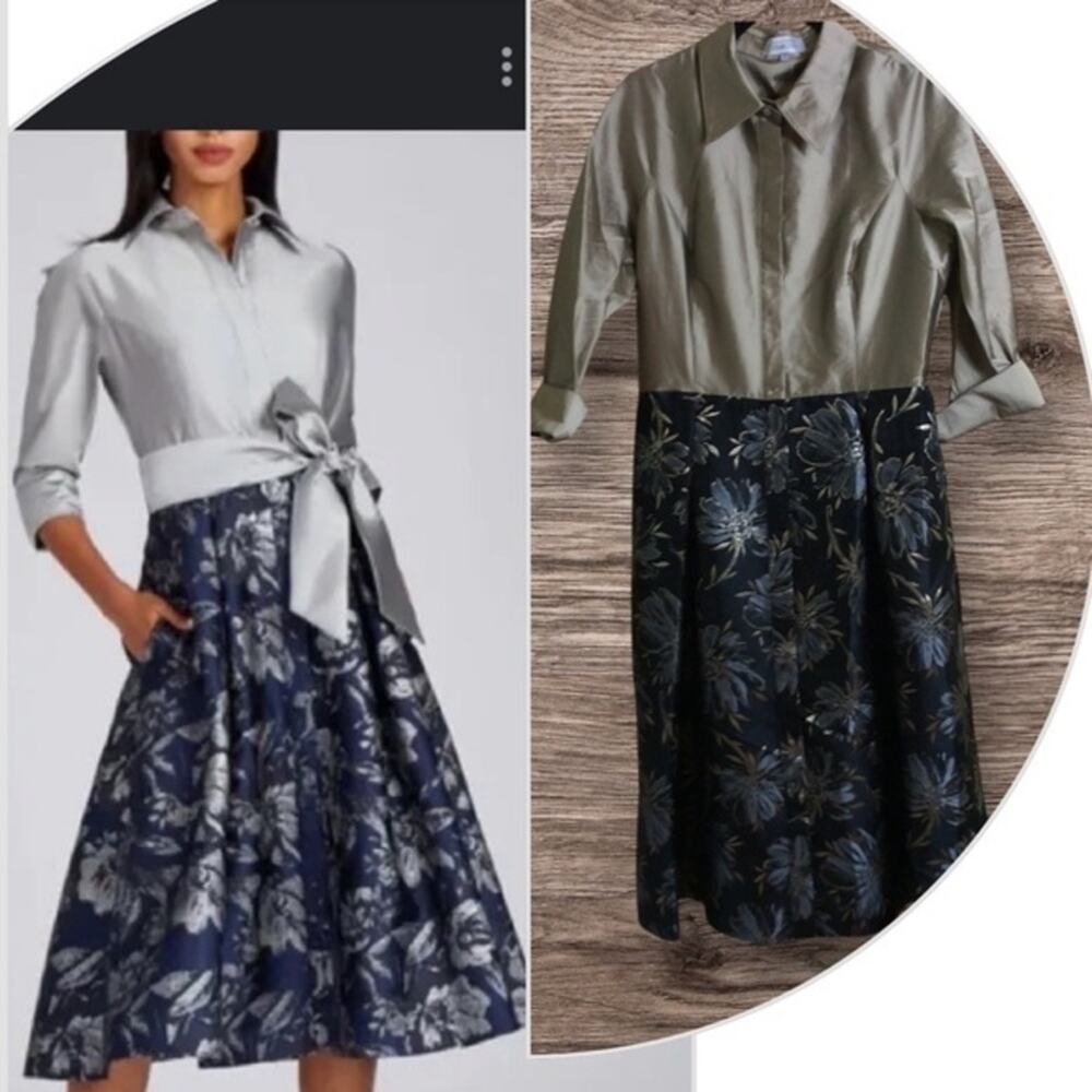 Rickie Freeman Teri Jon gold floral shirt dress. Size 12